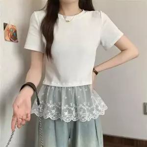 라운드넥 반팔티 플레어 시스루 레이스 레이어드st