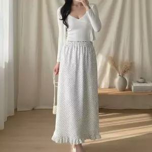[하프클럽/]여성 여름 해변용 도트 프릴 밴딩 롱스커트