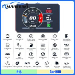 호환 MAIMEIMI P16 OBD2 HUD 업 디스플레이 자동차 속도 게이지 온보드 컴퓨터 스마트 디지털 타코미터 속도계 물 오일 온도