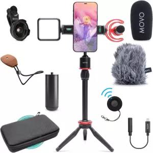 Movo iVlog 브이로그 키트 호환 유튜브 스타터 샷건 마이크 미니 삼각대 LED 라이트 광각 어댑터