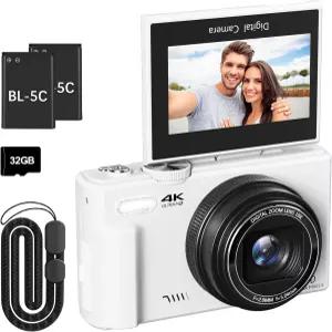 사진 촬영용 4K 디지털 카메라 3인치 80 플립 스크린 8배 포인트 초급용 32GB SD 카드(화이트)로 6400만
