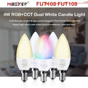 Miboxer FUT108 듀얼 화이트 RGB + CCT 캔들 E14 LED 전구 램프 지지대 RF 앱 음성 제어 스마트 디밍 가능