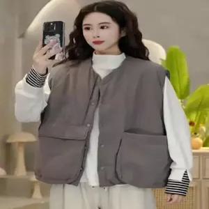 여친 면 민소매 라운드 추천각 포켓 패딩 솔리드 조끼 싱글 빅 OOTD1
