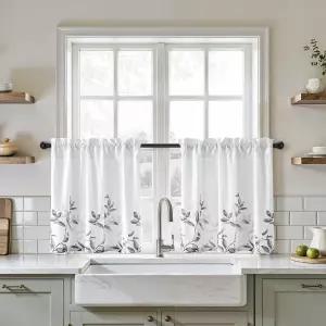 HOMEIDEAS 주방 커튼 짧은 비침투 프라이버시 30X24인치 길이 티어 회색 및 흰색 잎 꽃무늬 인쇄 조명