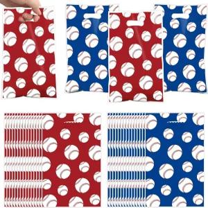 60 PCS 야구 플라스틱 선물 가방 파티 좋아하는 빨간색과 파란색 손잡이가 달린 스포츠 테마 생일 용품용