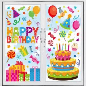 Whaline 6 시트 생일 축하 창문 클링 컬러풀 케이크 풍선 선물 홈 데코 기념 파티 용품용 재사용 가능한