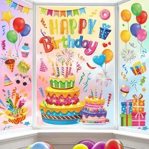 데칼마일 생일 축하해 양면 창문 클링 컬러풀 케이크 풍선 선물 배너 유리문 스티커 파티 용품