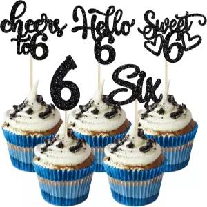 30개의 6번째 생일 컵케이크 토퍼 글리터 식스 헬로 6 파티 용품 블랙을 위한 6살 케이크 장식 추천