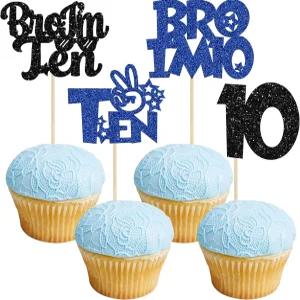 에플린 24PCS 브로 저는 10개의 컵케이크 토퍼 글리터 보이 10번째 생일 픽 장식으로 10살 큰 형 파티