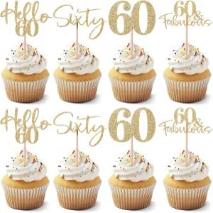 24PCS 60번째 생일 컵케이크 토퍼 케이크 골드 글리터 식스 장식 기념일 축하를 위한 식품 등급 파티 용품