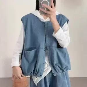 볼사스 여성용 청 빈티지 캐주얼 포켓 민소매 조끼 싱글 라운드 ADOR1