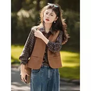 볼사스 여자 캐주얼 가을 빈티지 프렌치 브이넥 럭셔리 아우터 솔리드 민소매 슬림핏 조끼 ADOR3