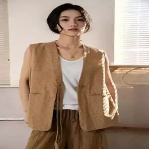 볼사스 여성용 빈티지 캐주얼 조끼 솔리드 나시 탑 스트랩 리넨 ADOR1