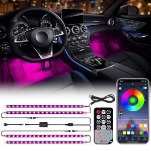 Xprite RGB LED 자동차 실내 블루투스 USB 라이트 스트립, 무선 리모컨 및 APP 컨트롤, 대시 풋웰 앰비언트 키트에 따른 4개의 PCS, 차량 내부, SUV, 트럭을 위한 DIY 음악 모드 유니버설