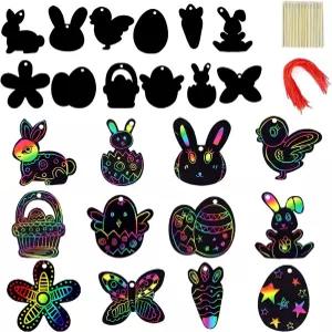 JOYIN 72개 부활절 스크래치 종이 세트 12가지 디자인 나무 막대기와 리본이 달린 들을 위한 무지개 아트