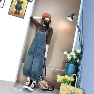 앤트맨 빈티지 가을 여성 데님 포켓 배색 멜빵바지 입체 점프슈트 9부 OPH3