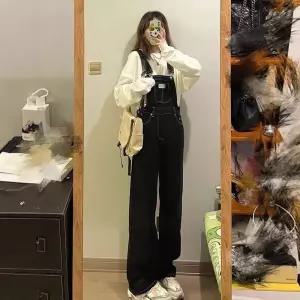 앤트맨 여성 블랙 청 슬리퍼 일자 하이웨스트 멜빵바지 봄가을 와이드 슬림핏 점프슈트 OPH3