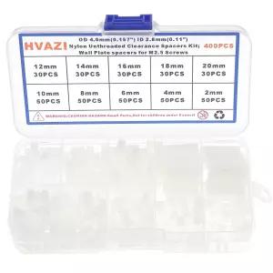 HVAZI 400PCS OD 4.0mm 0.157 ID 화이트 나일론 나사 없는 간격 스페이서 스탠드오프 키트 M2.5 벽판 원형