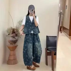 EAMT 봄 캐주얼 여친 청 프린트 조끼 포켓 민소매 카디건 상의 YJ1