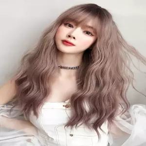 포다랑 물결펌 긴머리 통가발 애쉬핑크 인모가발 포컨트롤 그루프 미용도구 와플고데기 앞머리