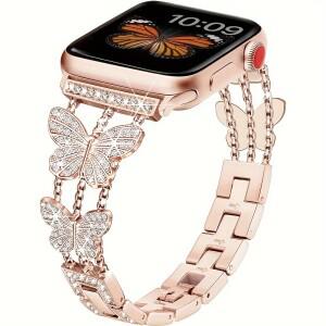 apple 호환 Watch 밴드 용 금속 스트랩 시리즈 9 8 7 6 5 SE 4 3 울트라 4mm 블링 나비 팔찌 체인