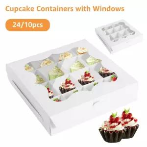 10/24Pcs 컵케익 포장 상자 파티 디저트를위한 명확한 창이있는 16 그리드 종이 빵집 과자 초콜릿 용기