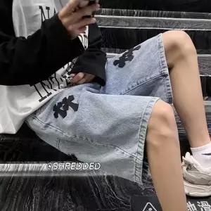 야무치 팬츠 여름 캐주얼 남자 청 청반바지 일자 십자가 와이드 반바지 주니어 데일리룩 스타일 5부 KUK2