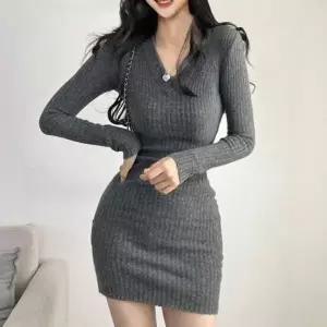 [하프클럽/]올데이 V넥 엘라스틱니트립 H라인 롱셔츠 드레스
