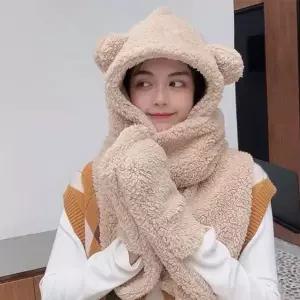 뽀글이 곰돌이 일체형목도리 양털 후리스 후드 머플러 후리스모자