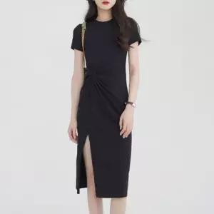 LS98300 톡톡 슬림 꼬임 트임 썸머 반팔 롱 원피스