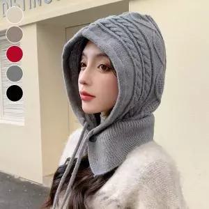 꽈배기짜임 니트 후드워머 바라클라바 여성 방한용품 페이크후드