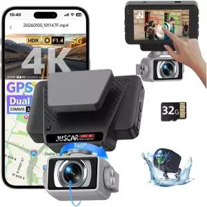 2026 AI 드라이브 어시스트 5G WiFi 대시캠 전면 및 후면 UHD 4K+1080P ADAS GPS 360 회전 x 무료 32GB
