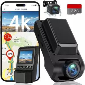 대시 캠 전면 및 후면 4K 울트라 HD+1080P 차량용 카메라 내장 Wi-Fi GPS 32GB 카드 2.0인치 IPS 스크린
