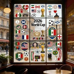 2026 월드컵 창문 스티커 69장이 포함된 시트 양면 인쇄 다양한 색상의 장식 가정 사무실 자동차를 위한