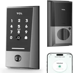 TCL Wi-Fi 스마트 잠금 D2 키리스 엔트리 도어 잠금장치 키포브 포함 내장 초인종 터치스크린 키패드 앱