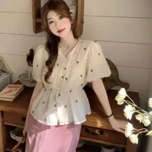 여자 여름 브이넥 장미 플라워 퍼프 쉬폰 블라우스_5