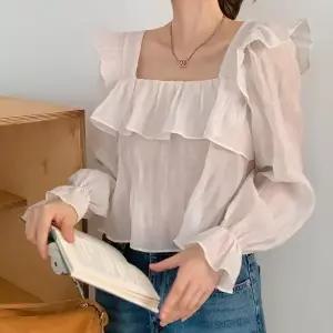 여자 프릴 스퀘어넥 크롭 시스루 퍼프 가을 블라우스_5