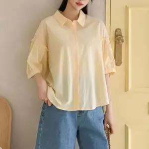 여성 심플 면혼방 레이온 소매 러플 반팔 블라우스_5