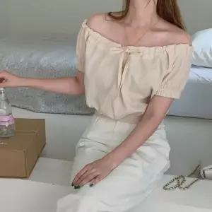 여자 리본 프릴 세미크롭 코튼 반팔 블라우스_5