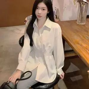여성 스모크밴딩 카라넥 루즈핏 롱 셔츠 블라우스_5