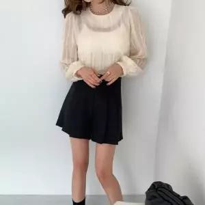 여자 시스루 날개 라운드넥 봄하객 쉬폰 블라우스_5