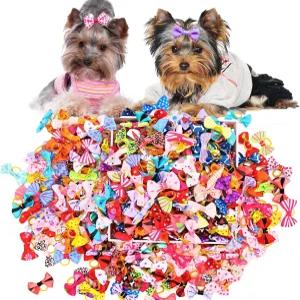 세니아 100PCS 귀여운 강아지 작은 보크노트 헤어 보우 요키 도기 고무줄 반려동물 그루밍 위한 코스튬