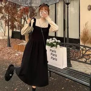 블랙원피스 봄 가을 A라인 플레어 블랙 멜빵 하객 롱원피스
