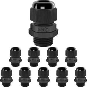 SDTC Tech 10 팩 1/2 NPT 스트레인 릴 나일론 코드 그립 IP68 방수 조절 케이블 글랜드 블랙 로크너트