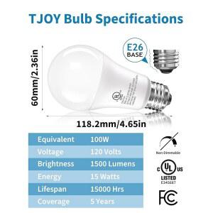 TJOY 6팩 나사 에너지 1500루멘 등가 주방 E26 100와트 표준 일광 5000K 백색 LED 효율 밝은 램프 실내용 베이스 비디밍 A19 전구 가능 15W