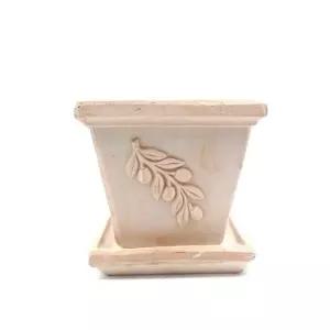 토분 사각 화분 받침 포함 18x15cm 올리브 색상 세라믹 화분 분갈이 용기