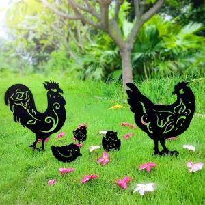 린스보 치킨 메탈 야드 아트 애니멀 스테이크 5PCS 야외 대형 블랙 가족 실루엣 컨트리 가든 조각 세트