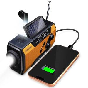 FosPower NOAA 비상 기상 라디오 A1 크랭크 - 손전등 파워 알람 작동, 뱅크, SOS USB/태양광/핸드 실내/외 휴대용 비상용 및 배터리 주황색 AM/FM, 7400mWh 충전,