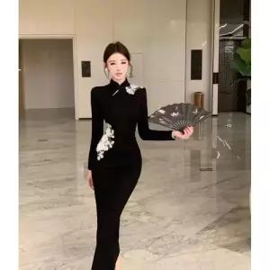 원피스 여친 가을 가을원피스 하객 복고풍 변형 절개 슬림핏 롱스커트 ADOR3