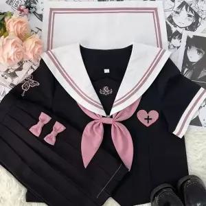 TBZ 핑크라인 블랙 엔젤 지퍼 세라복 프레피룩 반팔 교복